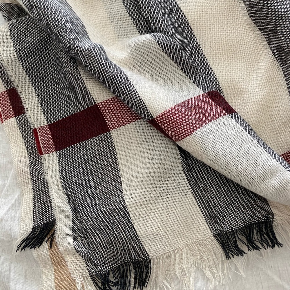 Burberry Cream Plaid Wool-Blend Scarf with Tan, Black & Red Stripes - Picture 5 of 6